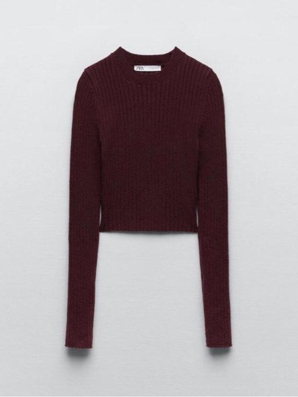 Zara Ribbed Crewneck Cropped Sweater - Wine